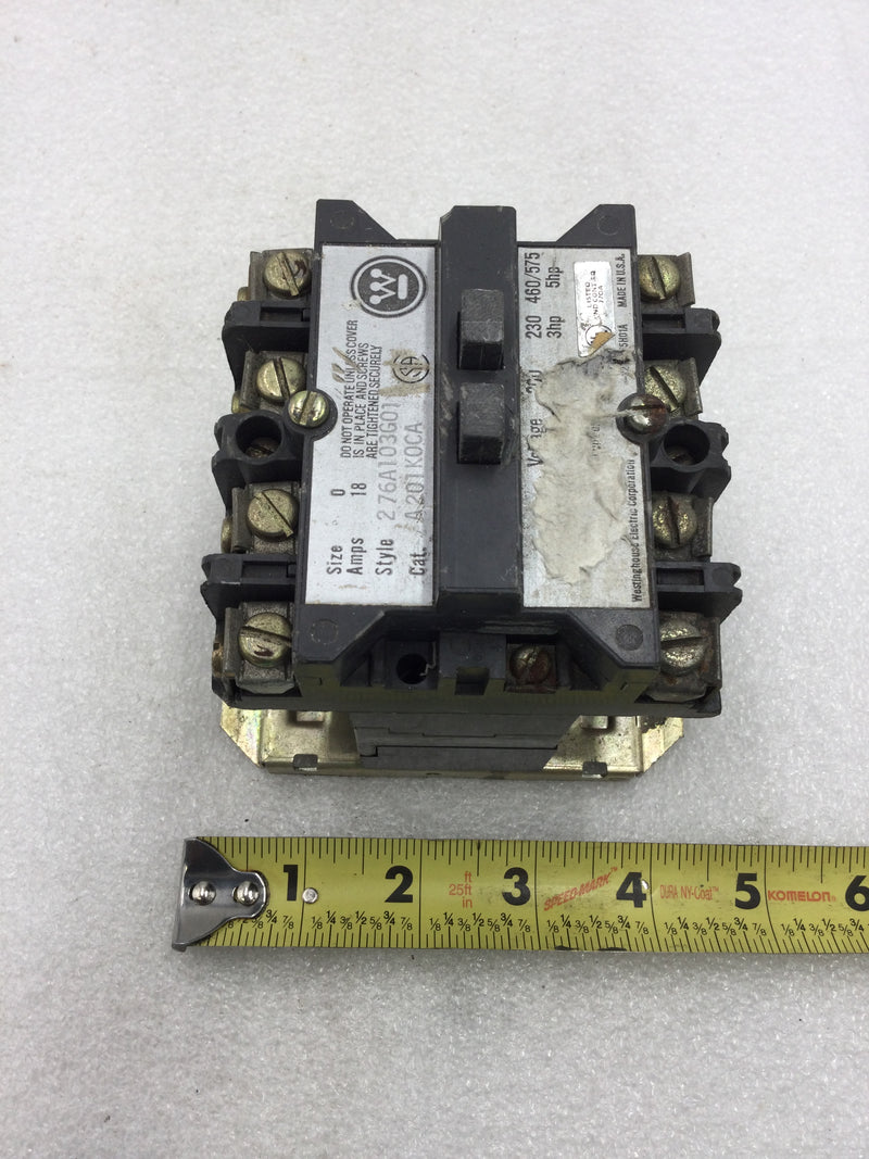 Westinghouse A201K0CA Size 0 Contactor 3 Pole 18 Amp 200-575 VAC 3-5 HP with 120 VAC Coil