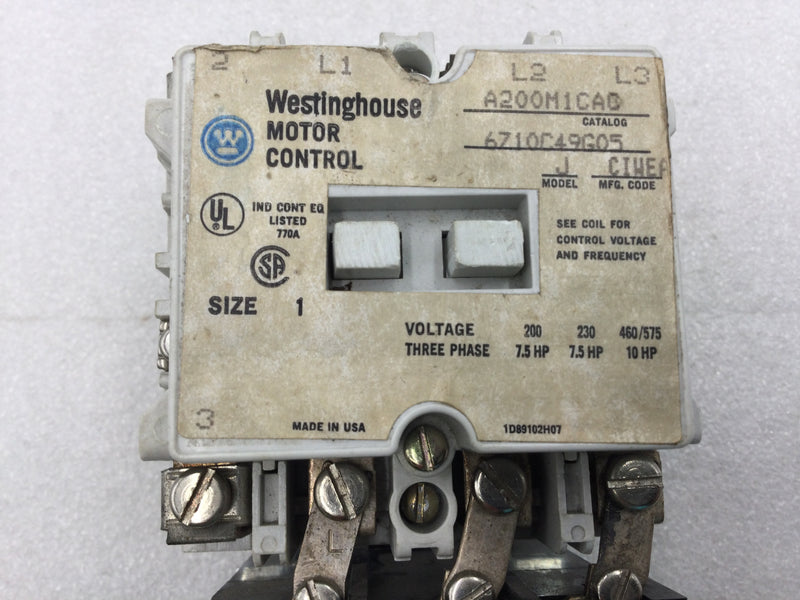 Westinghouse A200M1CAC/6710C49G05 Motor Control 3 Pole 200-575 VAC 7.5-10Hp with 120 VAC Coil