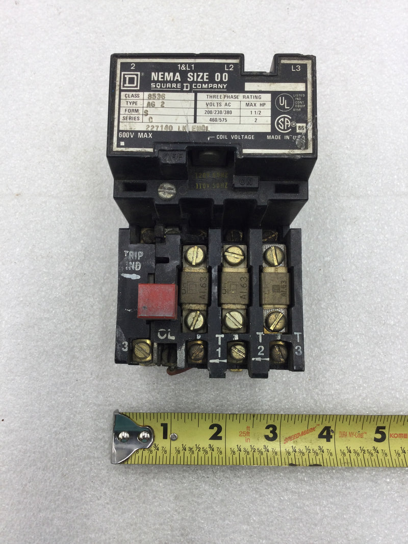 Square D 8536 AG-2 Size 00 Contactor/Starter 3 Pole 200-575 VAC 1 1/2-2 HP with 120 VAC Coil and Overload Relay