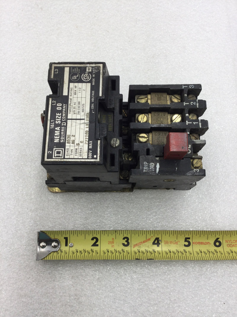 Square D 8536 AG-2 Size 00 Contactor/Starter 3 Pole 200-575 VAC 1 1/2-2 HP with 120 VAC Coil and Overload Relay