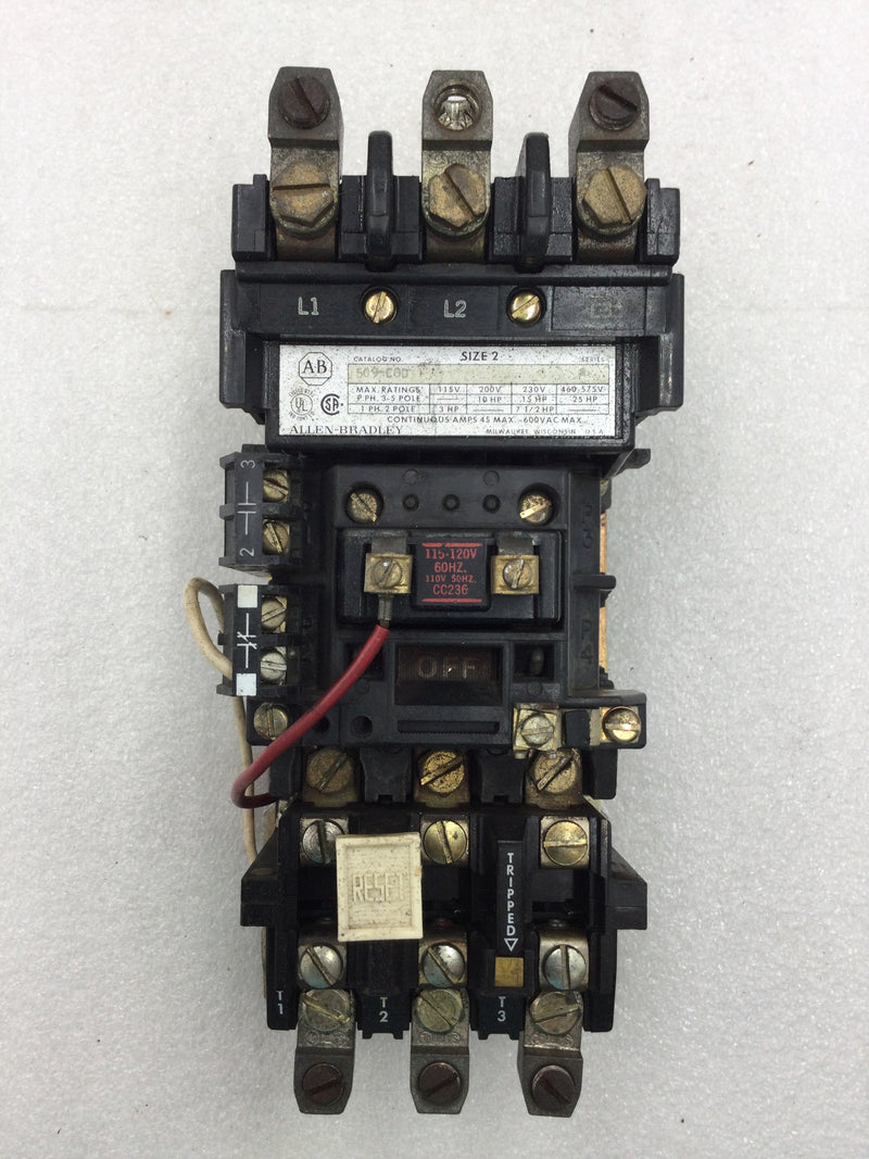 Allen Bradley 509-COD Size 2 Motor Starter/Contactor 45 Amp 3 Pole 115-575 VAC 3-25 HP with 120 VAC Coil and Thermal Overload Relay