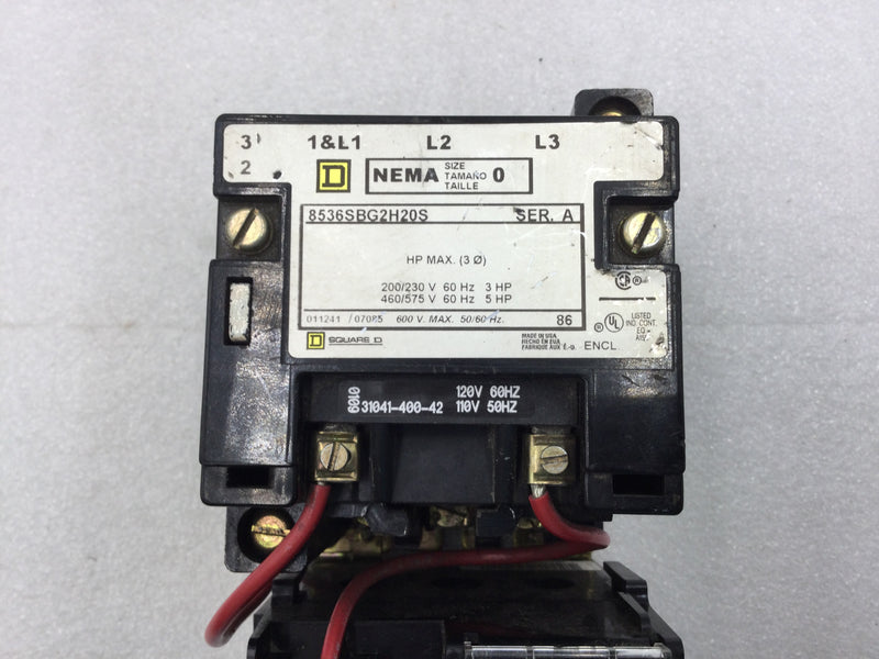 Square D 8536SBG2H20S Nema Size 0 3 Phase 200-575 VAC 3-5 HP Contactor/Starter with 120 VAC Coil