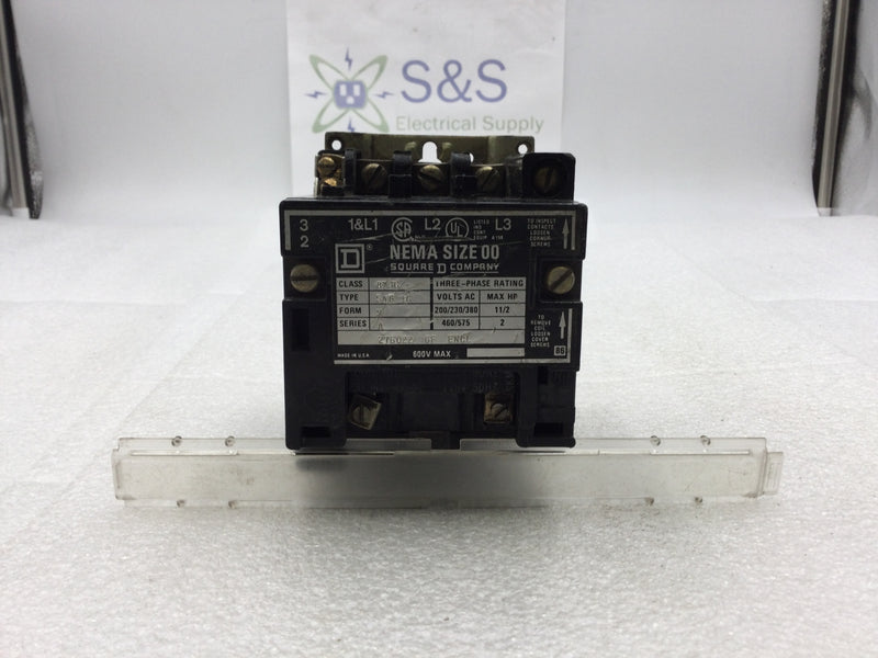 Square D 8536SAG16 Nema Size 00 Starter/Contactor 3 Pole 200-575 VAC 1 1/2-2 HP with 120 VAC Coil and Without Overload Relay