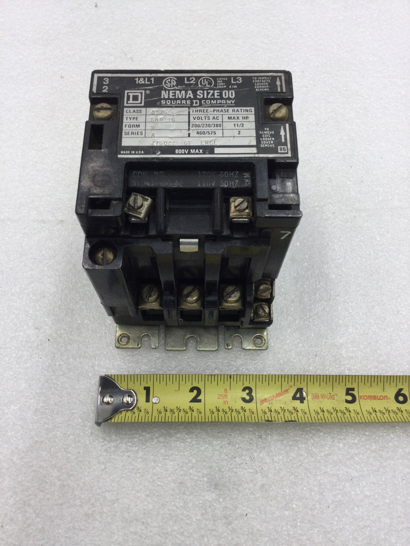 Square D 8536SAG16 Nema Size 00 Starter/Contactor 3 Pole 200-575 VAC 1 1/2-2 HP with 120 VAC Coil and Without Overload Relay