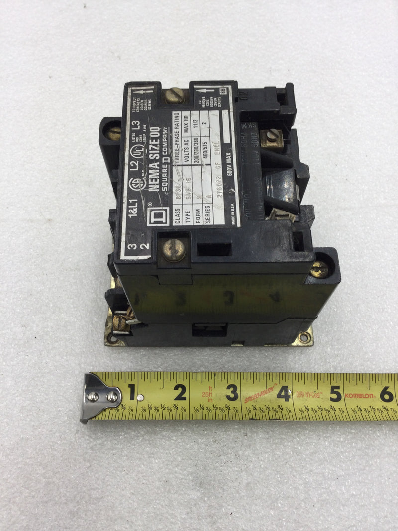 Square D 8536SAG16 Nema Size 00 Starter/Contactor 3 Pole 200-575 VAC 1 1/2-2 HP with 120 VAC Coil and Without Overload Relay