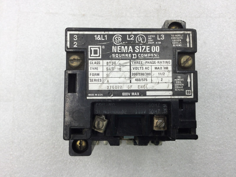 Square D 8536SAG16 Nema Size 00 Starter/Contactor 3 Pole 200-575 VAC 1 1/2-2 HP with 120 VAC Coil and Without Overload Relay