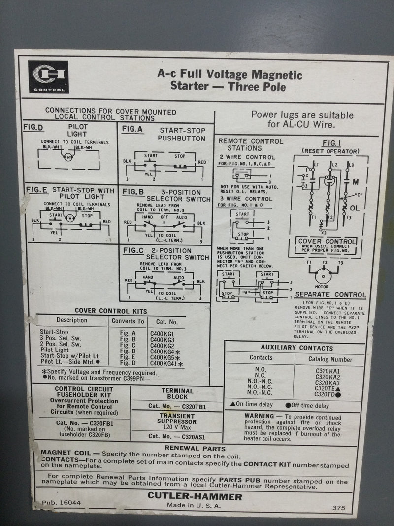 Cutler Hammer A10EG0 Series B1 Magnetic Stater NEMA Size 3 90 AMP with Heater Coils