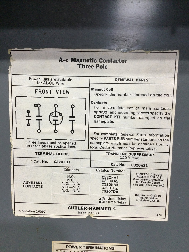 Cutler Hammer C10EG3 Series B1 Magnetic Contactor NEMA Size 3 90 AMP