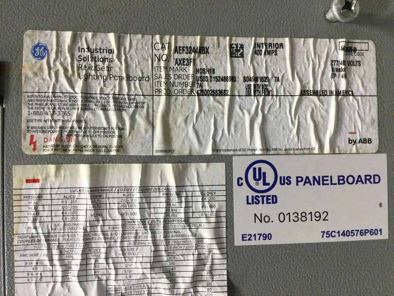 GE AEF3244KBX Industrial Solutions ReliaGear Lighting Panelboard 400 Amp, 208/120V, 3P/4WA 24 Space Panelboard