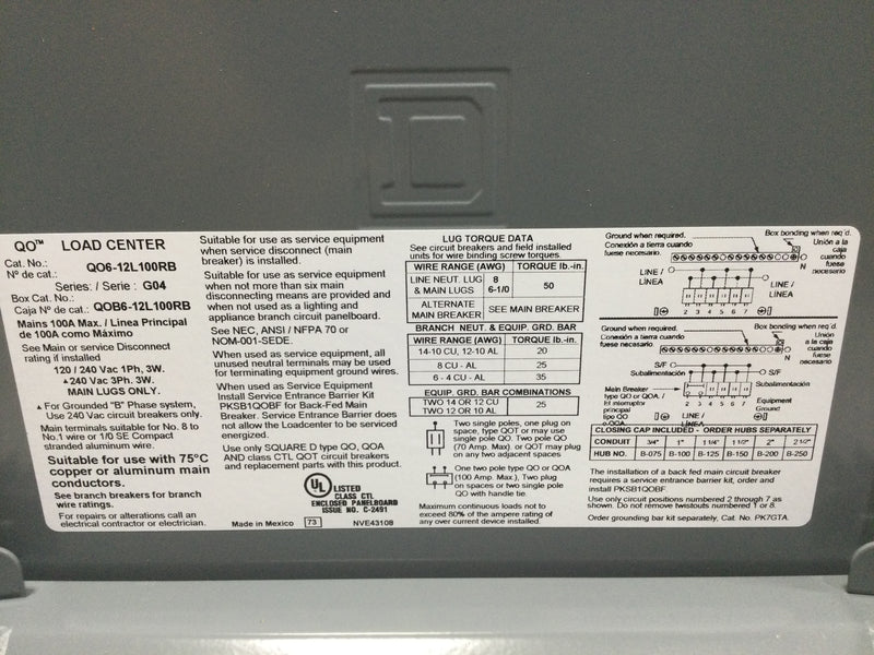 Square D QO612L100RBP QO Load center, 1 phase, 6 spaces, 12 circuits, 100A fixed main lugs, NEMA3R