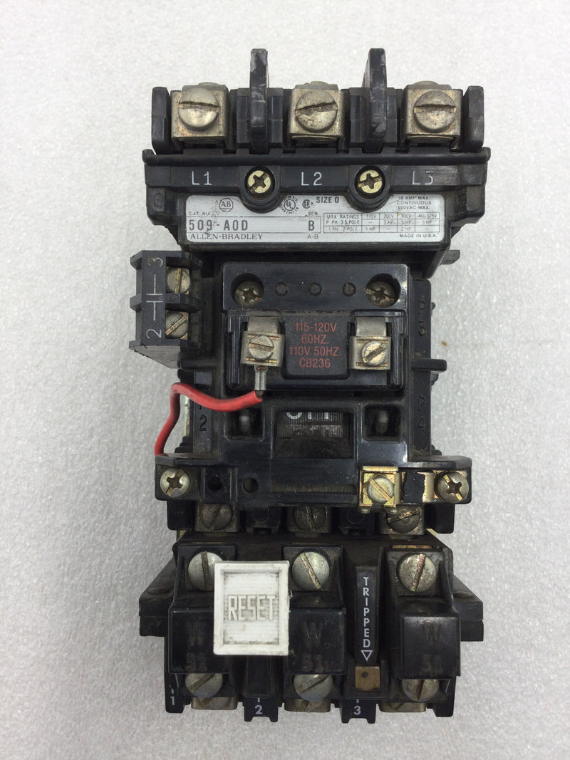 Allen-Bradley 509-AOD Starter Nema Size 0 3 Phase 18 Amp 600 VAC with Overload Relay with