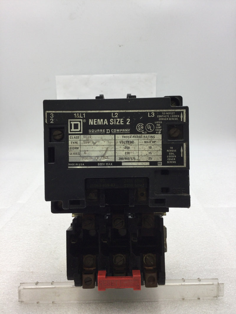 Square D 8536 SDG-1 3 Phase Size 2 Ser A Contactor/Starter 200-575 VAC 10-25 HP with 240 VAC Coil and Overload Relay