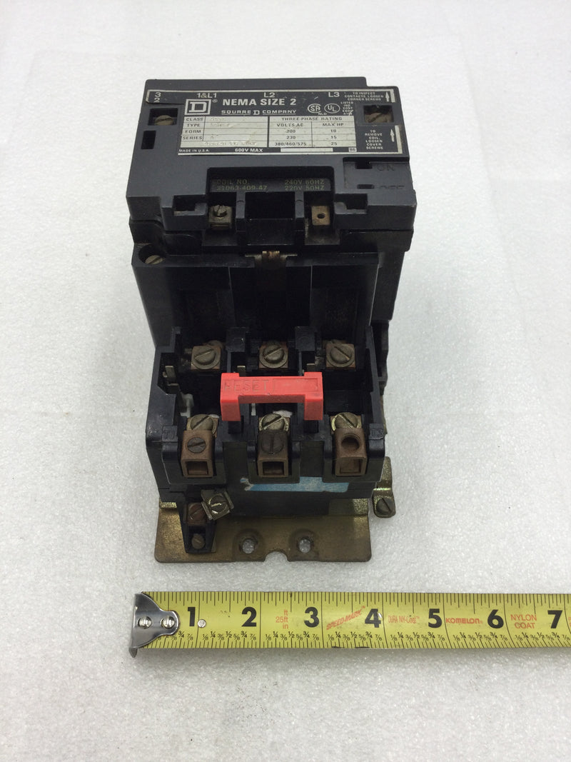 Square D 8536 SDG-1 3 Phase Size 2 Ser A Contactor/Starter 200-575 VAC 10-25 HP with 240 VAC Coil and Overload Relay