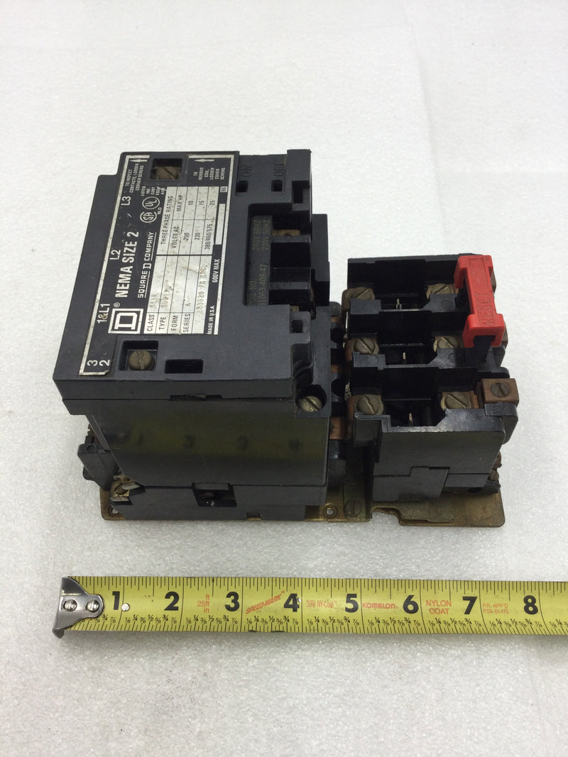 Square D 8536 SDG-1 3 Phase Size 2 Ser A Contactor/Starter 200-575 VAC 10-25 HP with 240 VAC Coil and Overload Relay