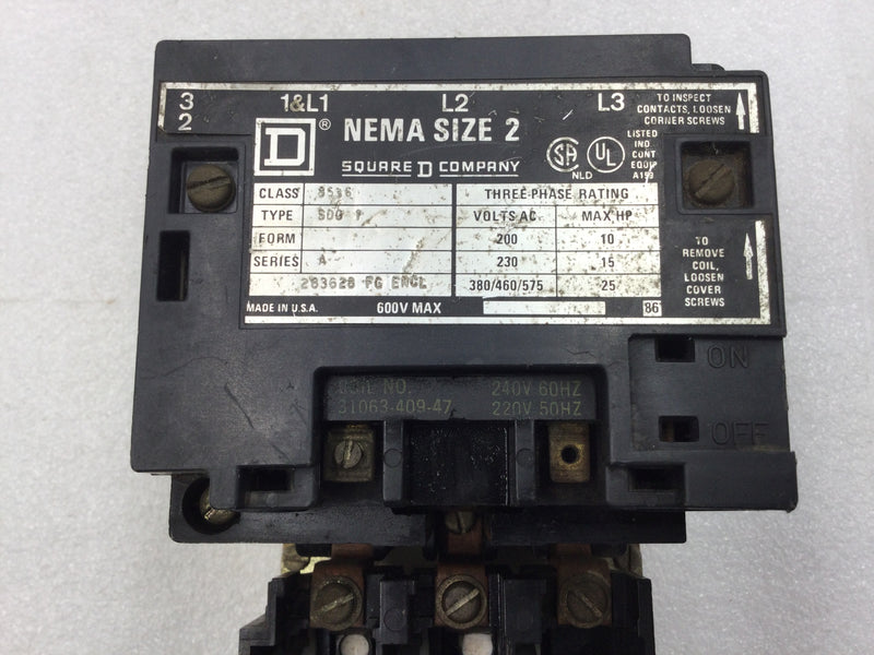 Square D 8536 SDG-1 3 Phase Size 2 Ser A Contactor/Starter 200-575 VAC 10-25 HP with 240 VAC Coil and Overload Relay