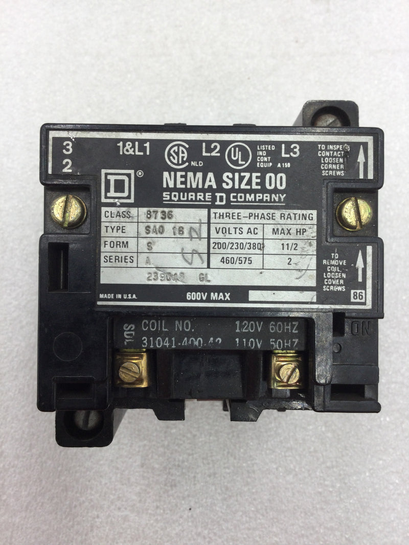 Square D 8736 SA016 Nema Size 00 Series A Starter/Contactor 3 Phase 200-575 VAC 1 1/2 to 2 HP with 120 VAC Coil