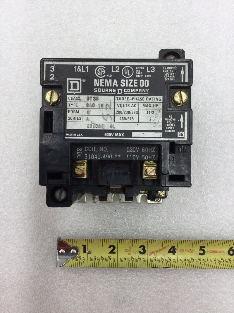 Square D 8736 SA016 Nema Size 00 Series A Starter/Contactor 3 Phase 200-575 VAC 1 1/2 to 2 HP with 120 VAC Coil