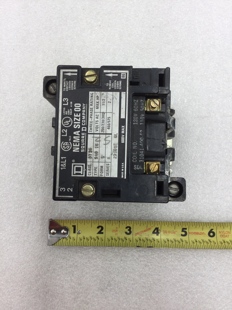 Square D 8736 SA016 Nema Size 00 Series A Starter/Contactor 3 Phase 200-575 VAC 1 1/2 to 2 HP with 120 VAC Coil