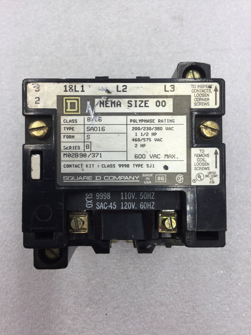 Square D 8736 SA016 Nema Size 00 Series B Starter/Contactor 3 Phase 200-575 VAC 1 1/2 to 2 HP with 120 VAC Coil