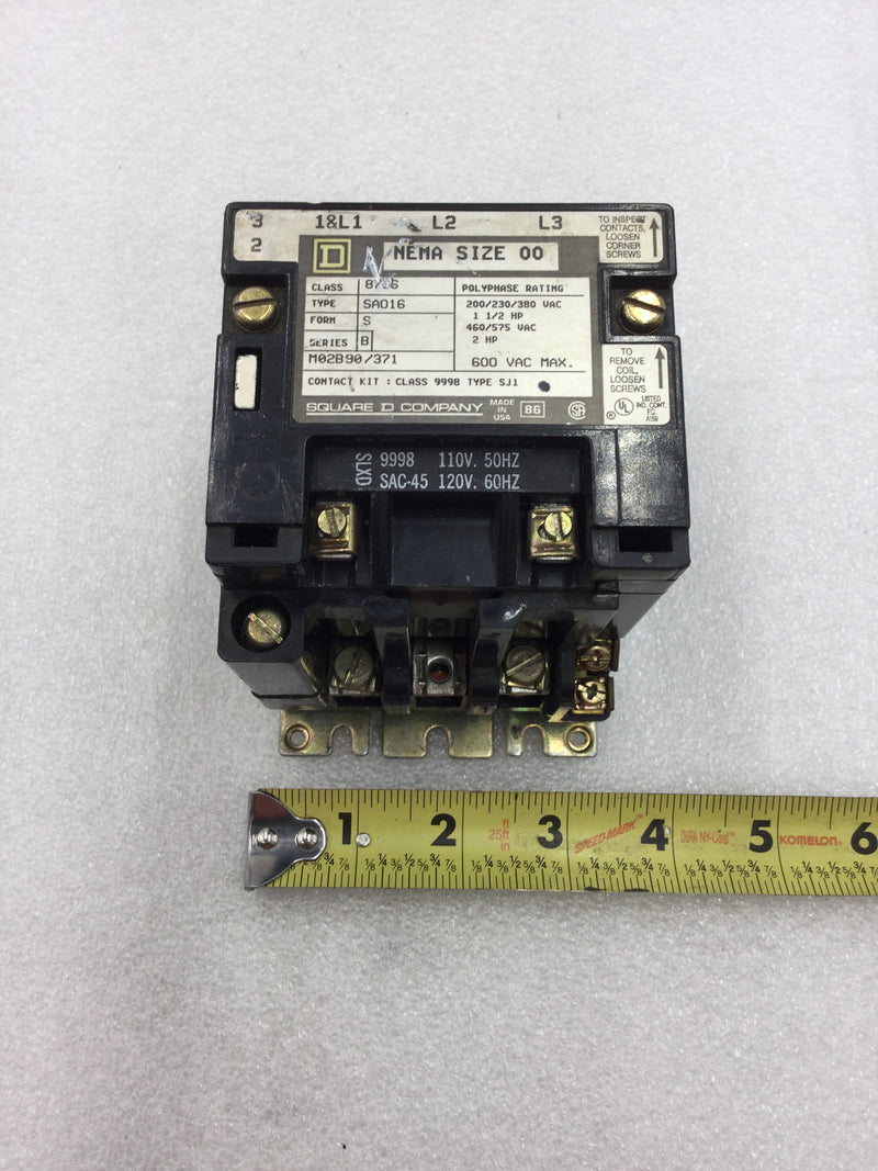 Square D 8736 SA016 Nema Size 00 Series B Starter/Contactor 3 Phase 200-575 VAC 1 1/2 to 2 HP with 120 VAC Coil