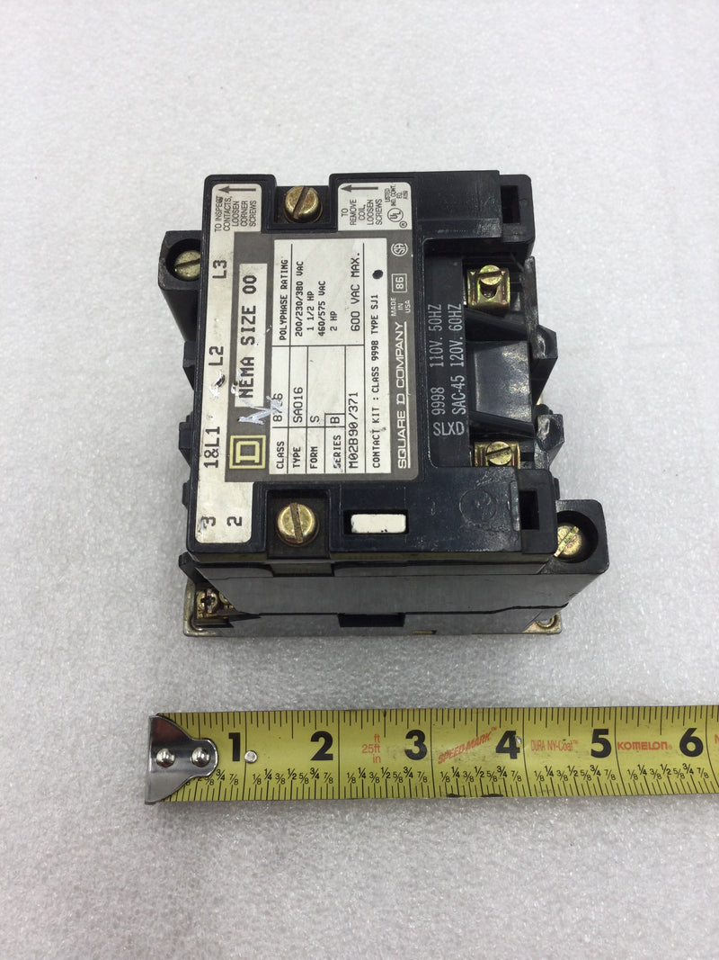 Square D 8736 SA016 Nema Size 00 Series B Starter/Contactor 3 Phase 200-575 VAC 1 1/2 to 2 HP with 120 VAC Coil