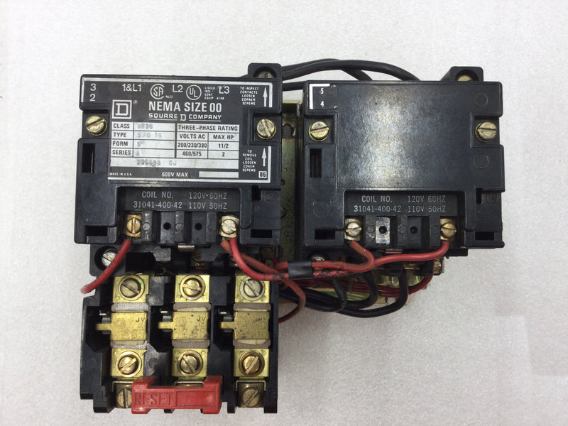 Square D 8736 SA016 Nema Size 00 Series A Reversing Starter/Contactor 3 Phase 115-575 VAC 1 1/2 to 2 HP with 120 VAC Coil