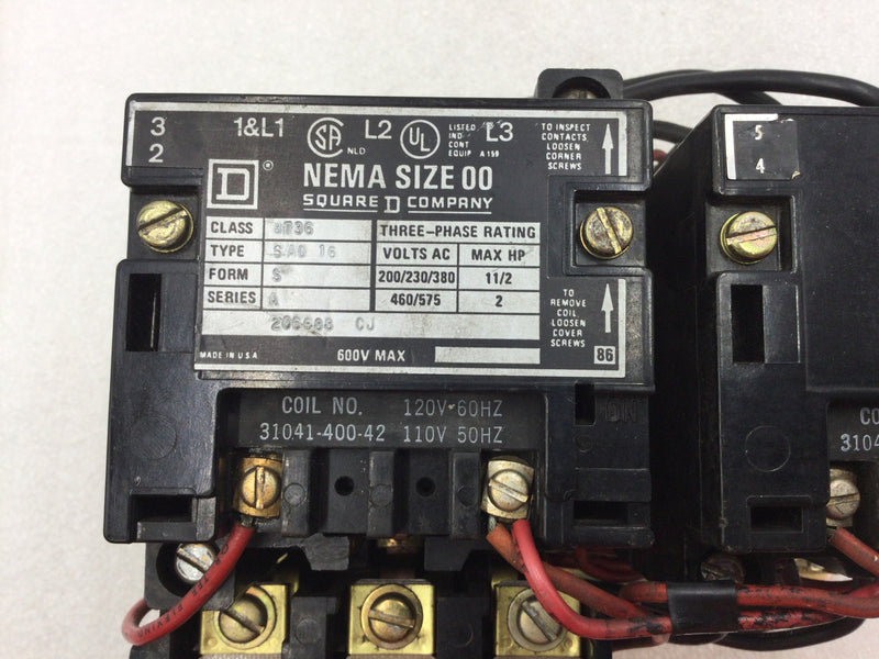 Square D 8736 SA016 Nema Size 00 Series A Reversing Starter/Contactor 3 Phase 115-575 VAC 1 1/2 to 2 HP with 120 VAC Coil