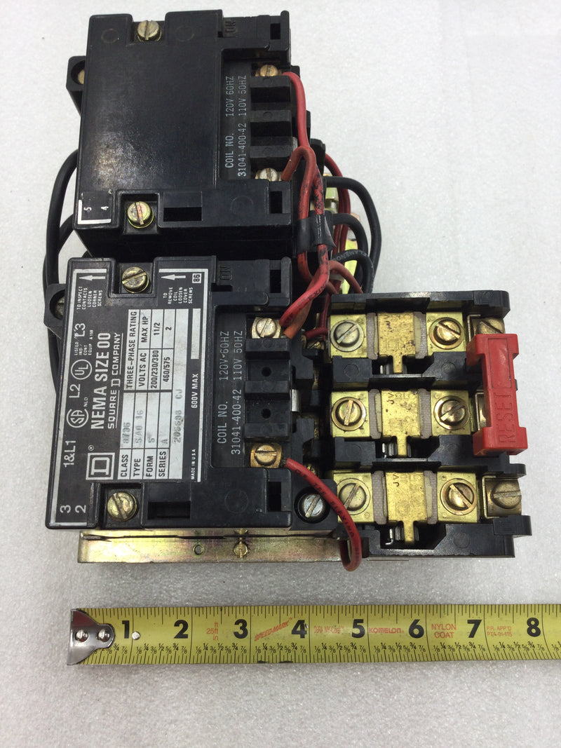 Square D 8736 SA016 Nema Size 00 Series A Reversing Starter/Contactor 3 Phase 115-575 VAC 1 1/2 to 2 HP with 120 VAC Coil