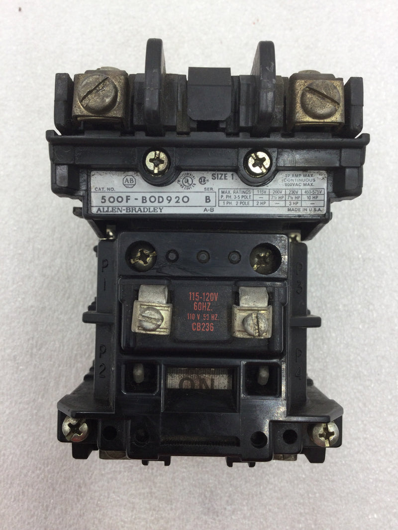 Allen-Bradley 500F-BOD920 Series B Contactor/Starter 27 Amp 2 Pole 115-575 VAC 2 to 3 HP with 120 VAC Coil