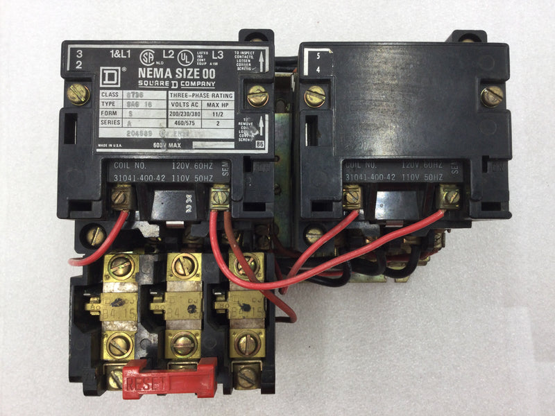 Square D 8736 SAG16 Nema Size 00 Series A Reversing Starter/Contactor 3 Phase 200-575 VAC 1 1/2 to 2 HP with 120 VAC Coil