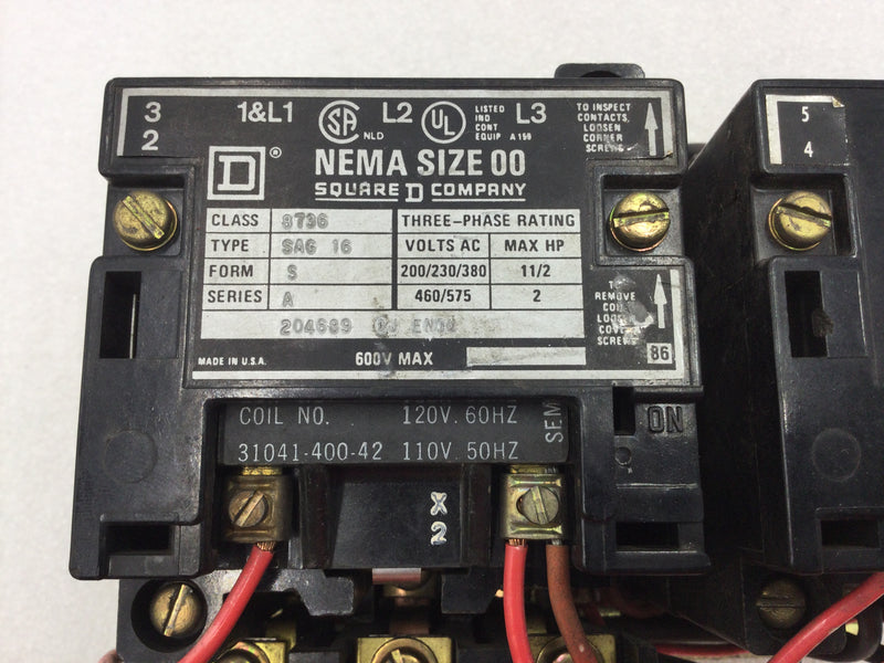 Square D 8736 SAG16 Nema Size 00 Series A Reversing Starter/Contactor 3 Phase 200-575 VAC 1 1/2 to 2 HP with 120 VAC Coil