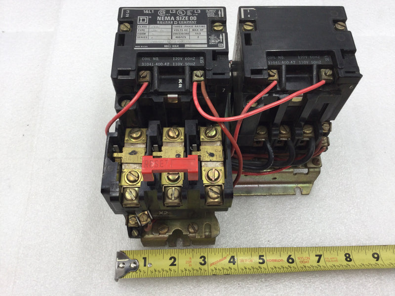 Square D 8736 SAG16 Nema Size 00 Series A Reversing Starter/Contactor 3 Phase 200-575 VAC 1 1/2 to 2 HP with 120 VAC Coil