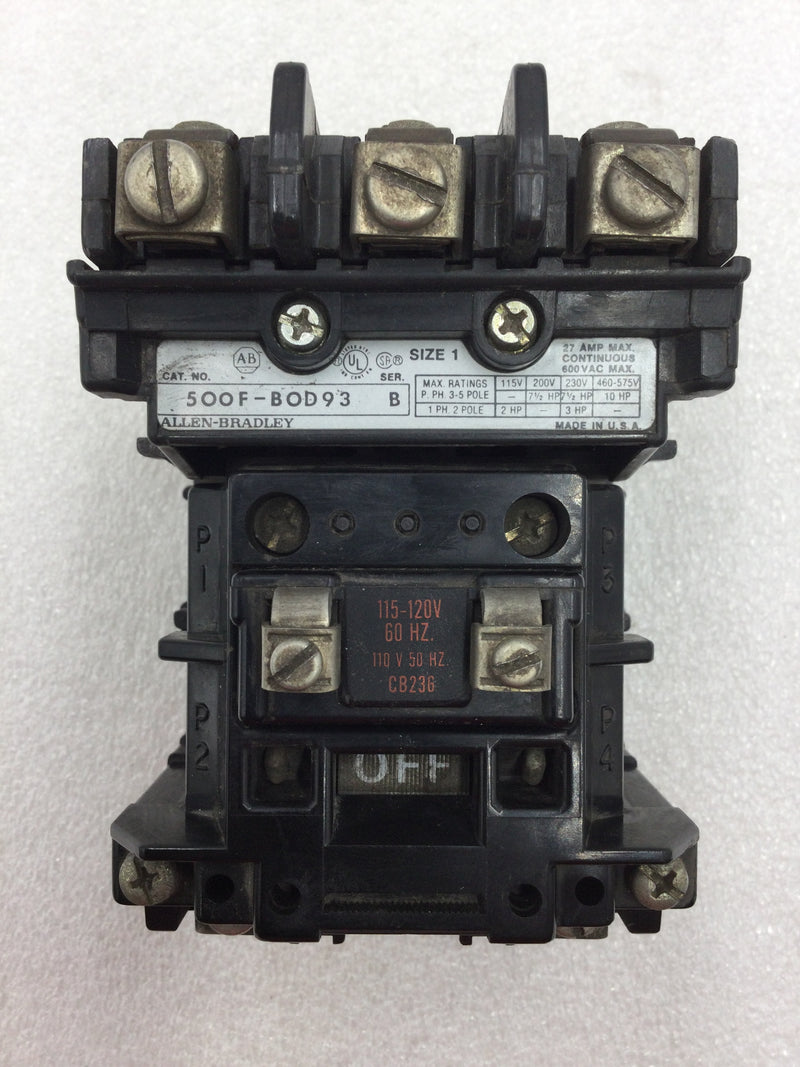 Allen-Bradley 500F-BOD93 Series B Contactor/Starter 27 Amp 3 Pole 200-575 VAC 7.5 to 10 HP with 120 VAC Coil