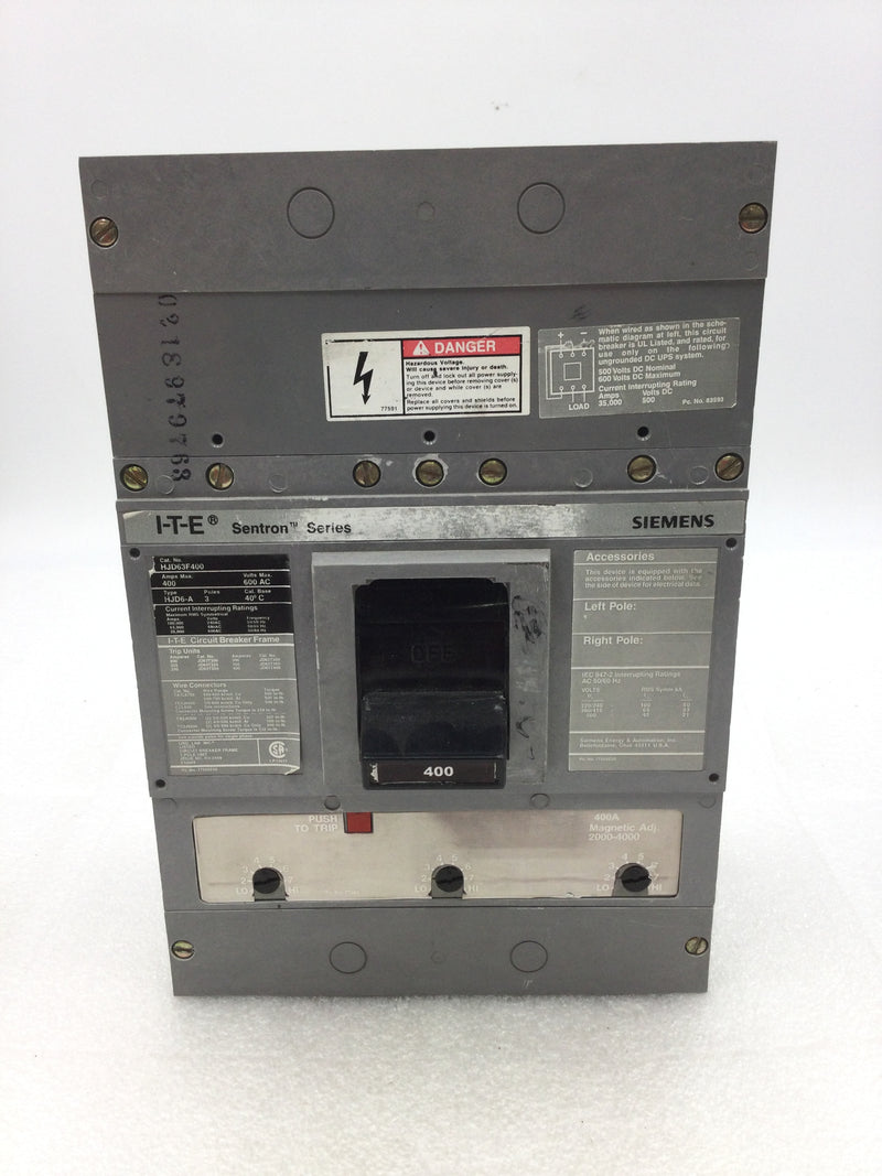 Siemens/ITE HJD63F400 Sentron Series 3 Pole 400 Amp 600 VAC Type HJD6-A Circuit Breaker with Trip Adjustment