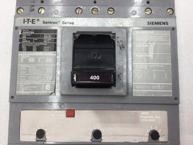 Siemens/ITE HJD63F400 Sentron Series 3 Pole 400 Amp 600 VAC Type HJD6-A Circuit Breaker with Trip Adjustment