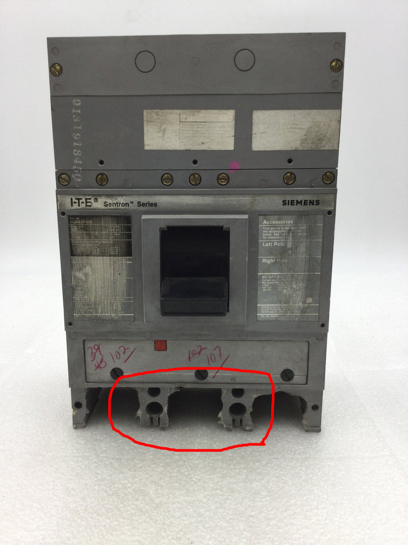 Siemens/ITE HJD63F400 Sentron Series 3 Pole 400 Amp 600 VAC Type HJD6-A Circuit Breaker with Trip Adjustment