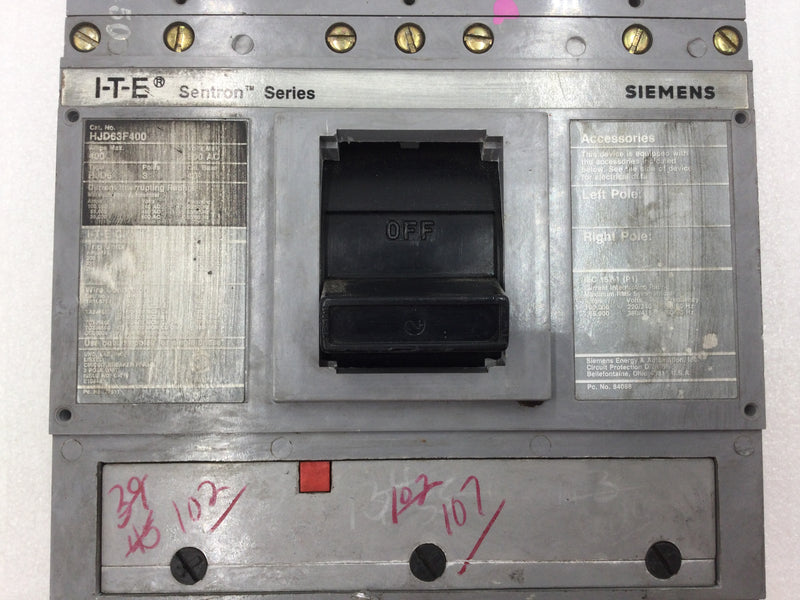 Siemens/ITE HJD63F400 Sentron Series 3 Pole 400 Amp 600 VAC Type HJD6-A Circuit Breaker with Trip Adjustment