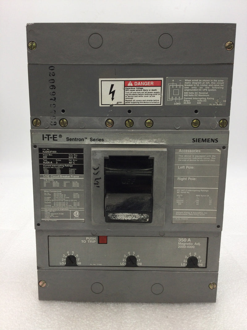 Siemens/ITE HJD63F400 Sentron Series 3 Pole 350 Amp 600 VAC Type HJD6-A Circuit Breaker with Trip Adjustment