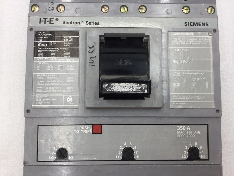 Siemens/ITE HJD63F400 Sentron Series 3 Pole 350 Amp 600 VAC Type HJD6-A Circuit Breaker with Trip Adjustment