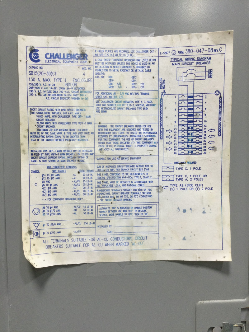 Challenger SB15(20-30)CT 150 Amp 120/240v Type 1 Panel Cover/Door with Main Only 28" x 15"