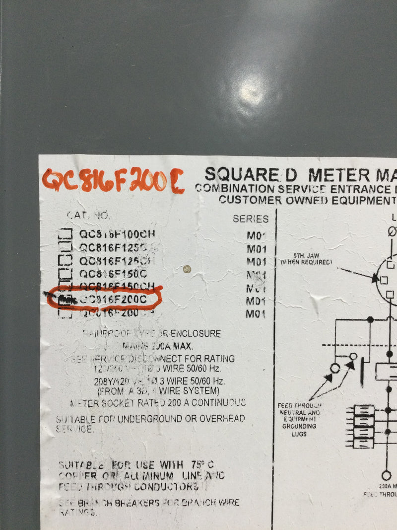 Square D QC816F150/200C 200 Amp 120/240V 1 Phase 3 Wire Type 3R HINGED DOOR/COVER ONLY 14"W x 20.5"H Series M01