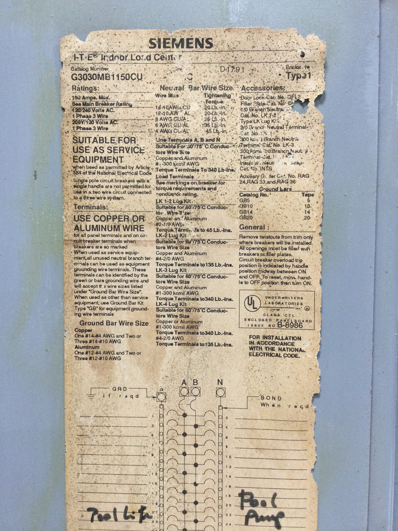Siemens/ITE G3030MB1150CU Indoor Load Center with Main 30 Space150 Amp 120/240V 1 Phase 3 Wire 34 1/4" x 15 1/2"