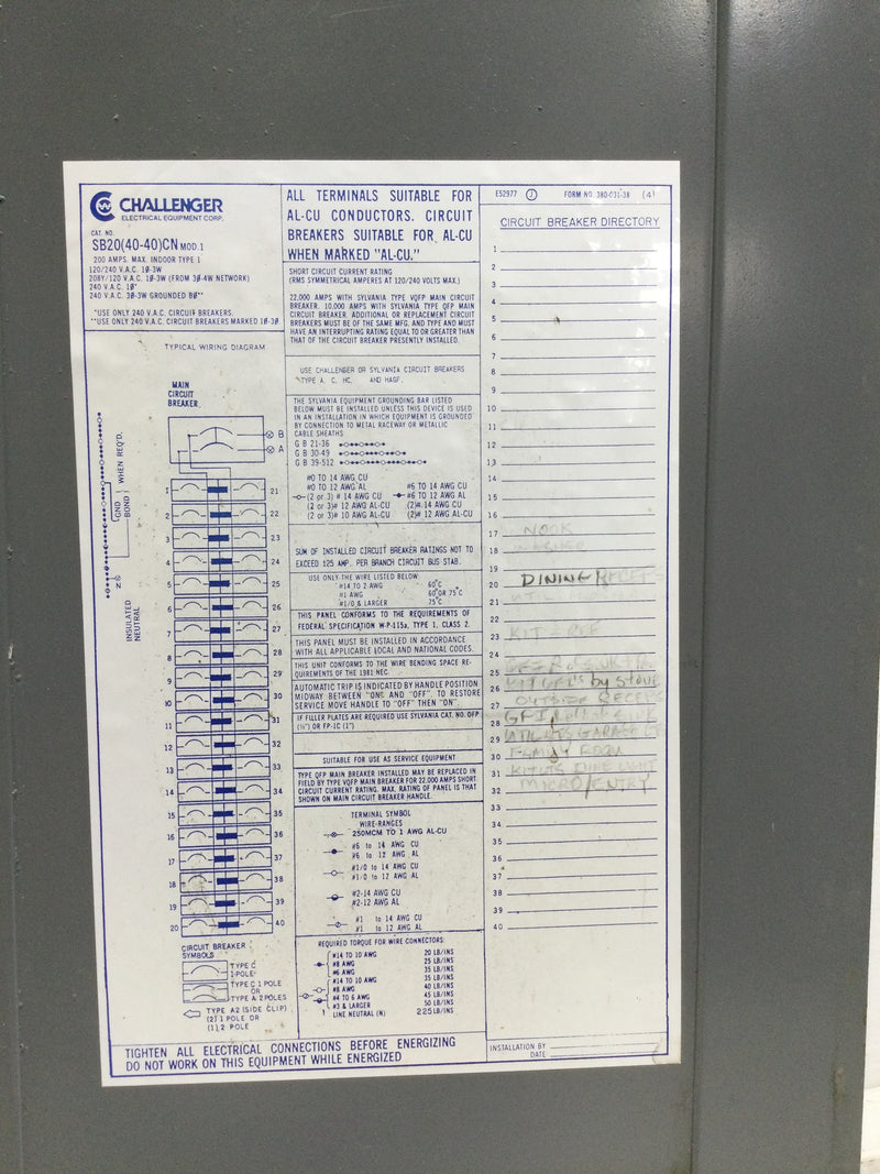 Challenger SB20(40-40)CN  Cover/Door Only with Main 200 Amp 120/240V 41 1/8" x 15 1/8"