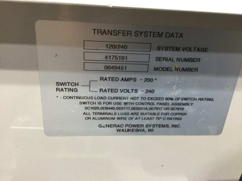 Generac Model 0049451 200 Amp 240V Automatic Transfer Switch Single Phase NEMA 3R