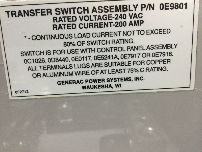 Generac Model 0049451 200 Amp 240V Automatic Transfer Switch Single Phase NEMA 3R