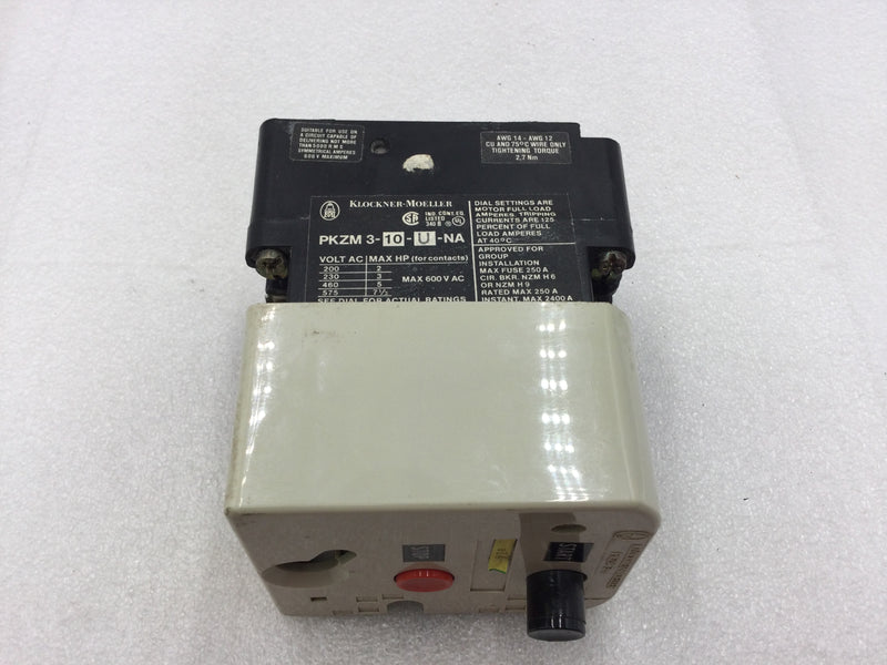 Klockner-Moeller PKZM 3-10-U-NA 3 Manual Motor Starter 10 Amp 200-575 VAC 2-7.5 HP with Start and Stop Buttons