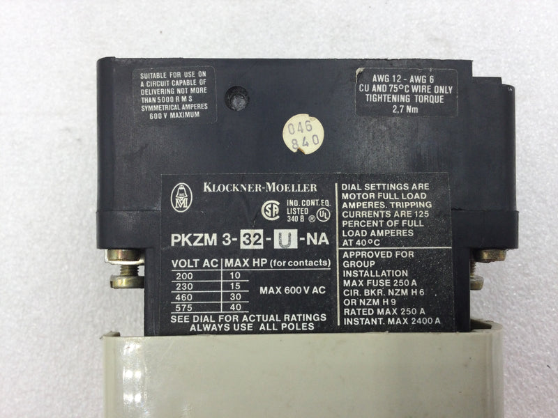 Klockner-Moeller PKZM 3-32-U-NA 3 Manual Motor Starter 32 Amp 200-575 VAC 2-7.5 HP with Start and Stop Buttons