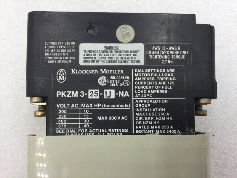 Klockner-Moeller PKZM 3-25-U-NA 3 Manual Motor Starter 25 Amp 200-575 VAC 2-7.5 HP with Start and Stop Buttons