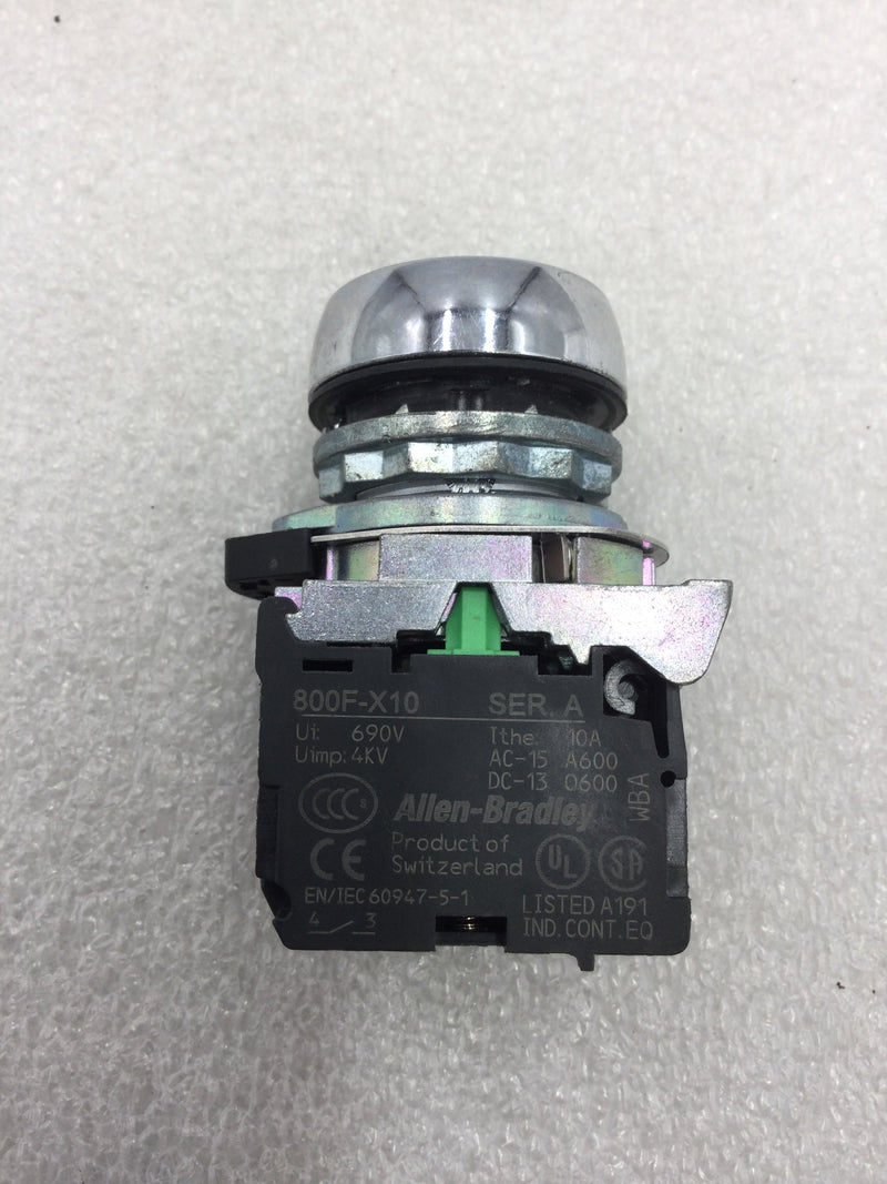 Allen-Bradley 800F-X10 Push Button Contact Block with Green Button 10 Amp 600 VAC with 1 NO Contact