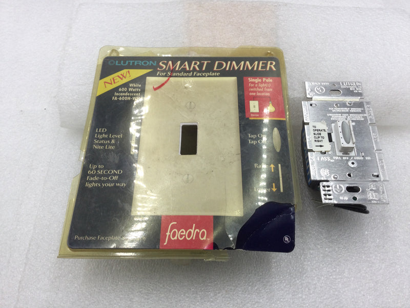 Lutron FA-600H-WH Faedra Style Smart Dimmer 600 Watt 120 VAC in White